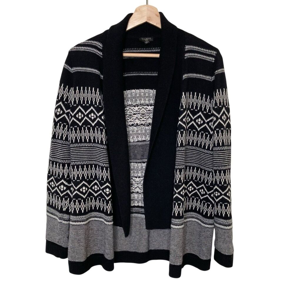 Talbots Cardigan Womens Petite Small Black Ivory Fairisle Intarsia Wool Blend